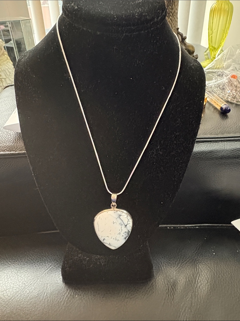 925 Silver White Dendritic Agate Teardrop Pendant And Necklace - Picture 5 of 8
